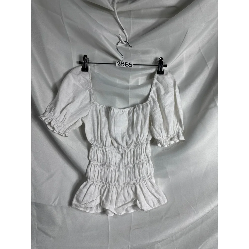 Reformation White Linen Smocked Peplum Puff Sleeve Top Square Neck Small